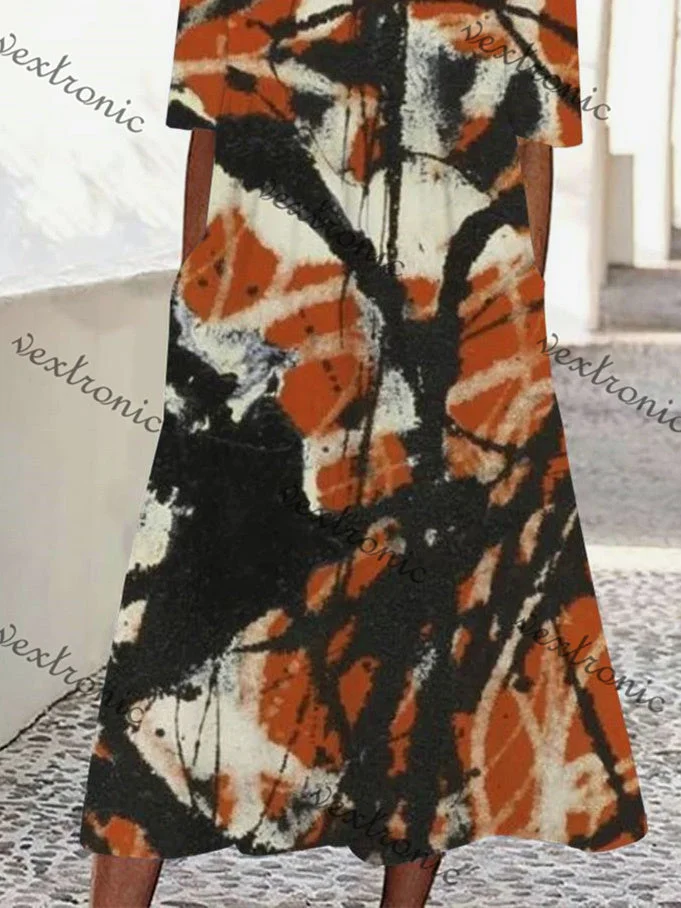 Women's Short Sleeve Scoop Neck Orange Graphic Midi Dress