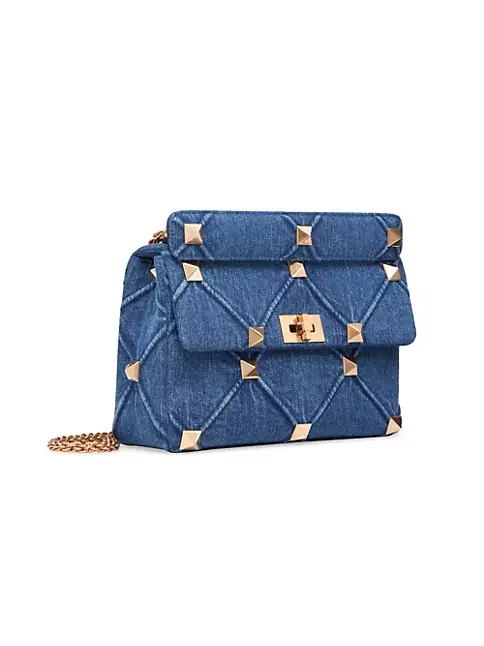 Valentino Garavani Large Roman Stud The Shoulder Bag In Denim With Chain