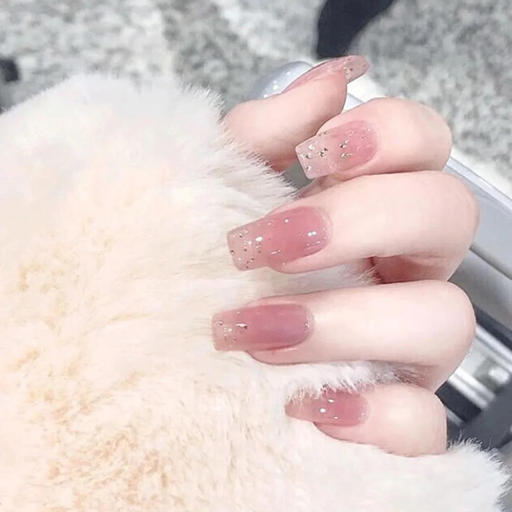 24Pcs Middle Length Ballerina Nude Pink Color False Nails Design With Heart Pattern DIY Artificial Fake Nails With Press Glue 1103 515-Nail Inspo