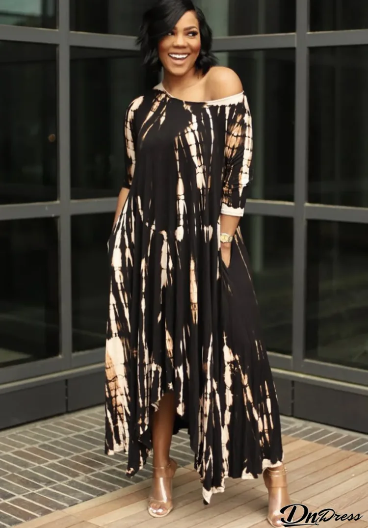 Spring Tie Dyed Wide Collar Half Sleeve Slit Long Dress