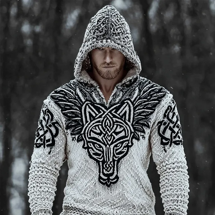Men's Viking Celtic Wolf Inspired Cozy Knit Hooded Sweater