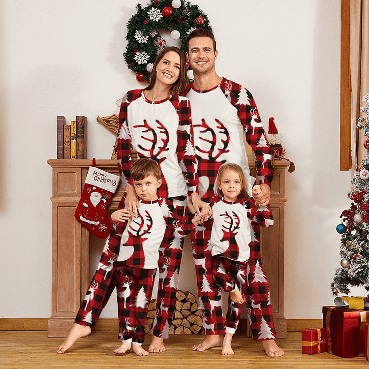 Christmas Tree and Reindeer Plaid Family Matching Pajamas Sets