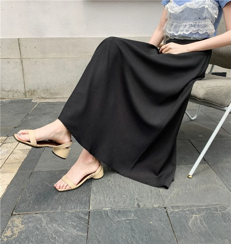 2021 Women's Korean Style Office Lady Skirts Spring Fall Casual Solid High Waist A-Line Satin Femme Skirts