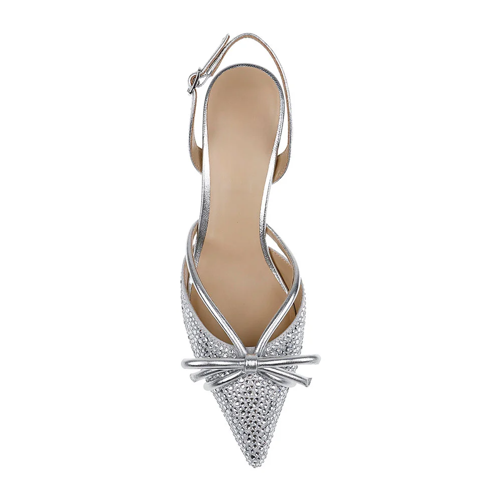 Pointed Toe Bow Kitten Heel Rhinestone Slingback Pumps in Silver