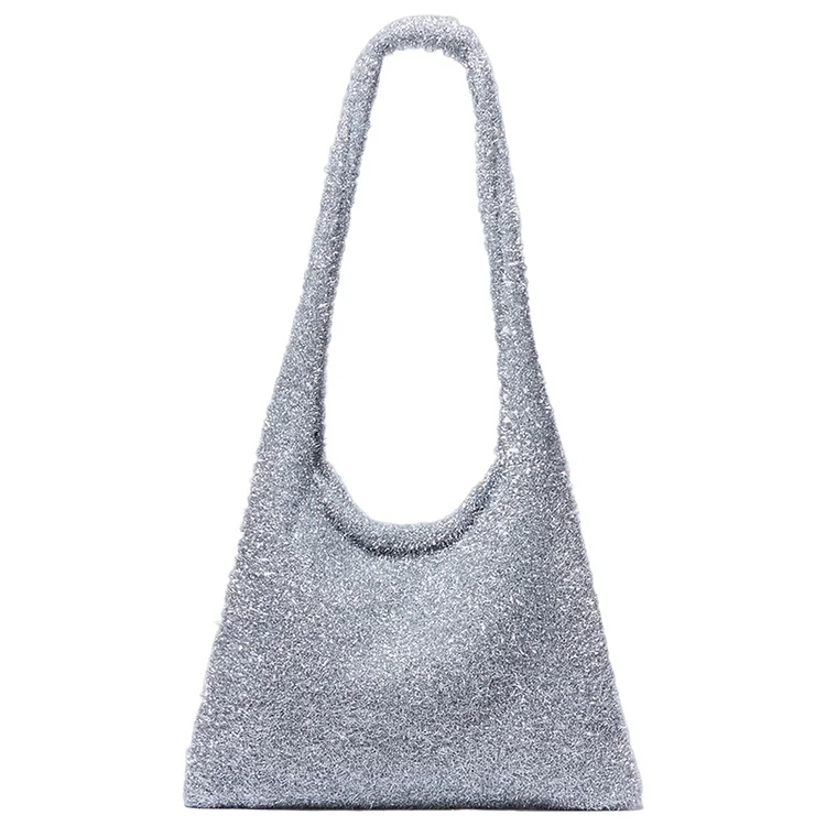 Women Bling Shoulder Bag Fashion Knit Shiny Armpit Bag Girl Purse (Silver)