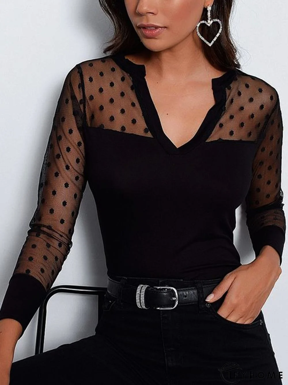 Black Polka Dots Paneled V Neck Long Sleeve Sexy Top | IFYHOME