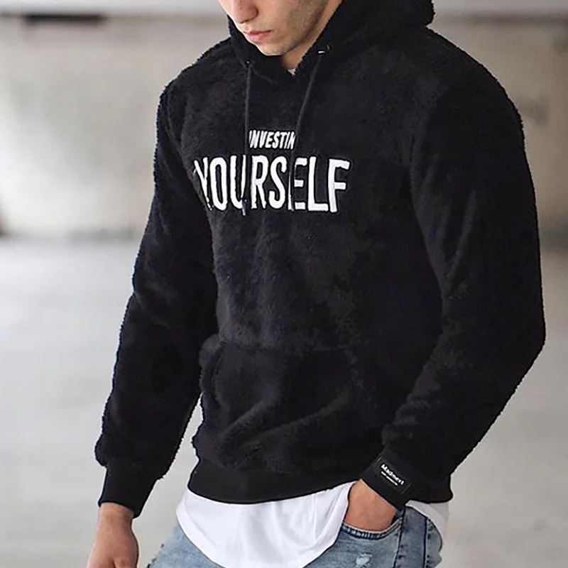 Letter Embroidery Loose Winter Warm Men's Furry Sweatshirts Hoodies-VESSFUL