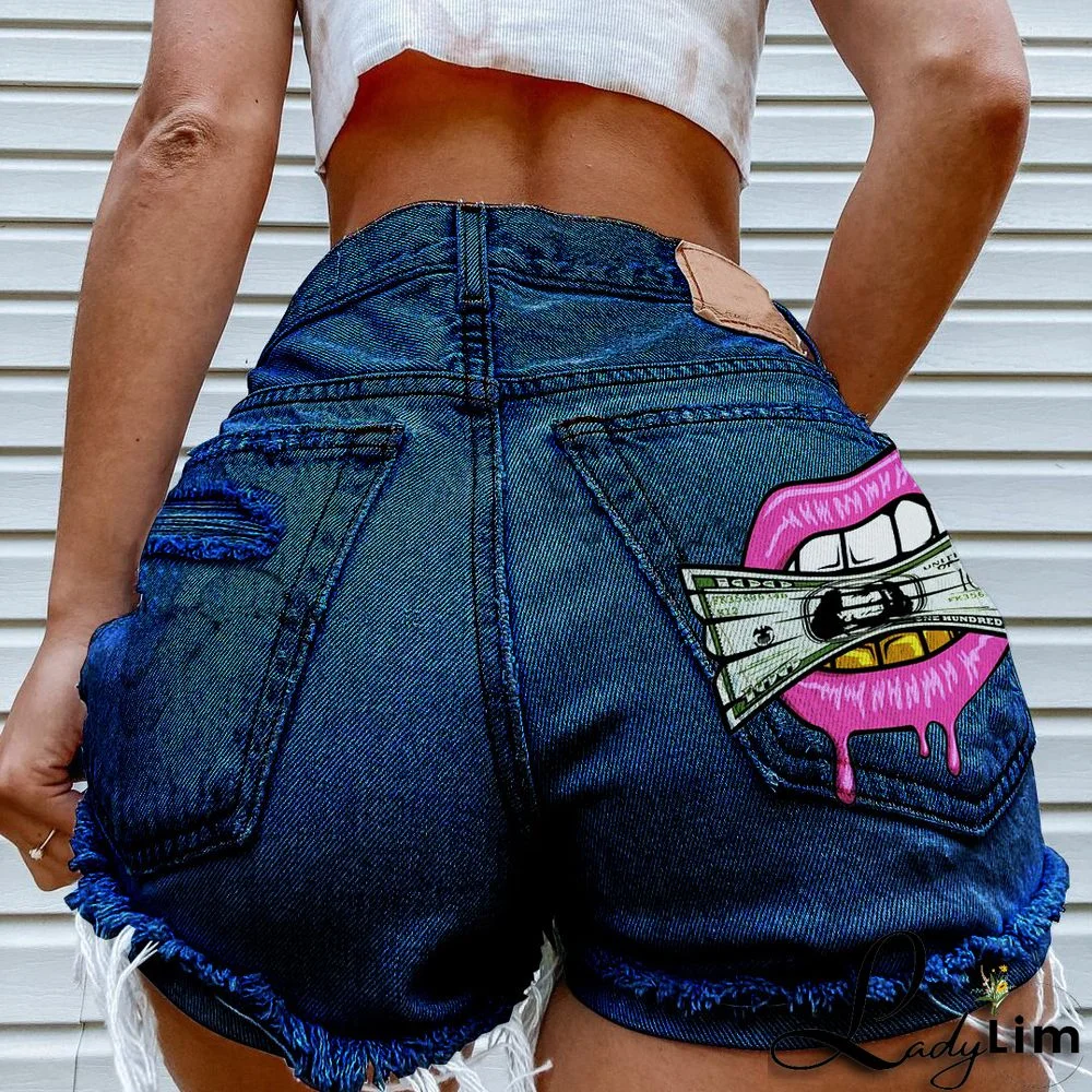 Ladies Summer Fashion Print Ripped Denim Shorts Ripped Jeans