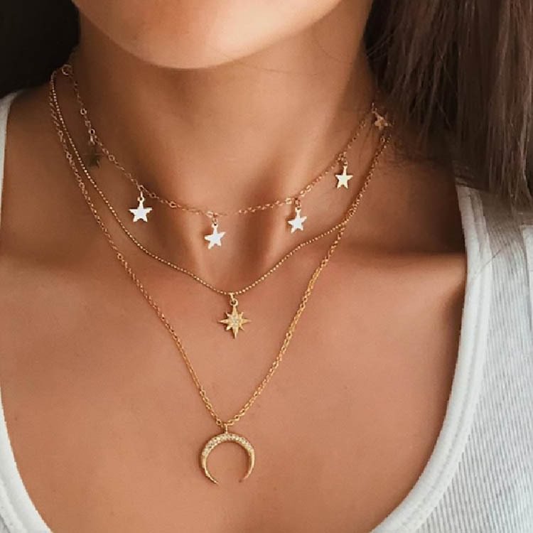 Star moon necklace women's pentagram necklace multi-layer moon pendant