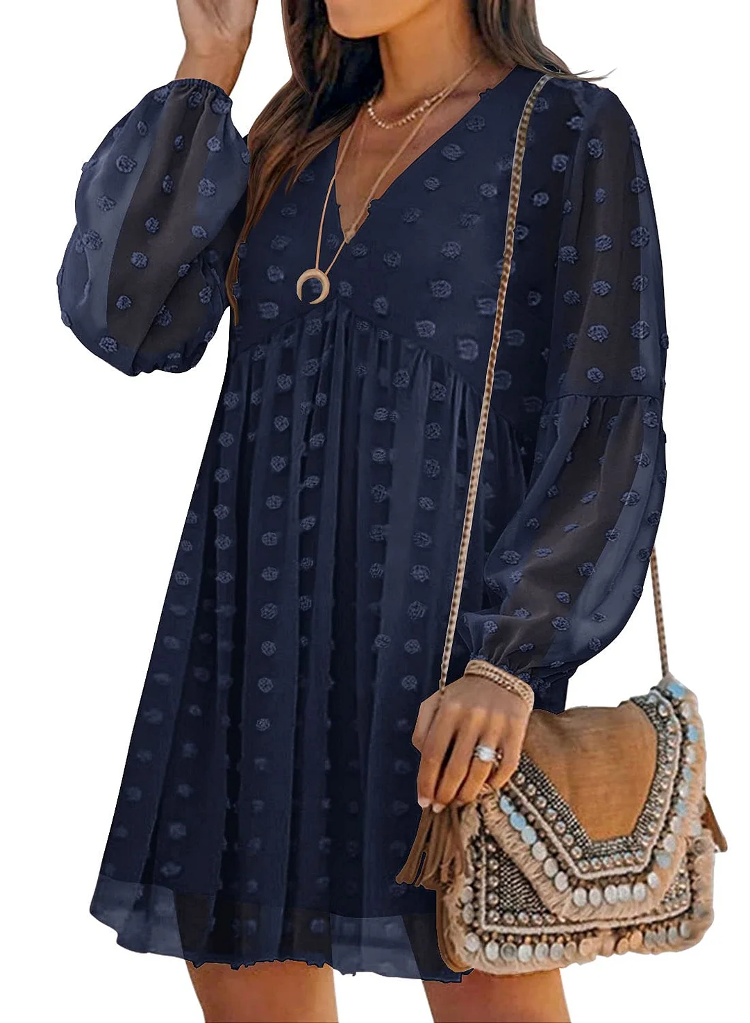 MIHOLL Women's V Neck Short Sleeve Ruffle Loose Summer Flowy Mini Dress