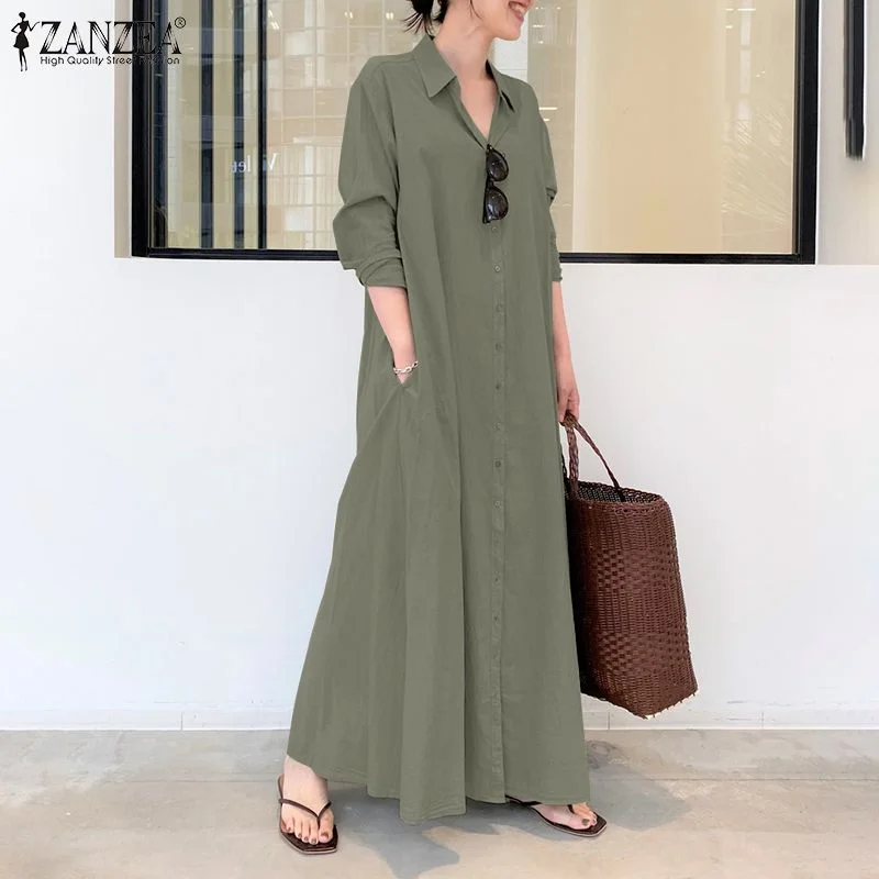 2022 ZANZEA Women Shirt Dress Autumn Lapel Neck Long Sleeve Maxi Sundress Elegant Office Work Solid Long Vestidos