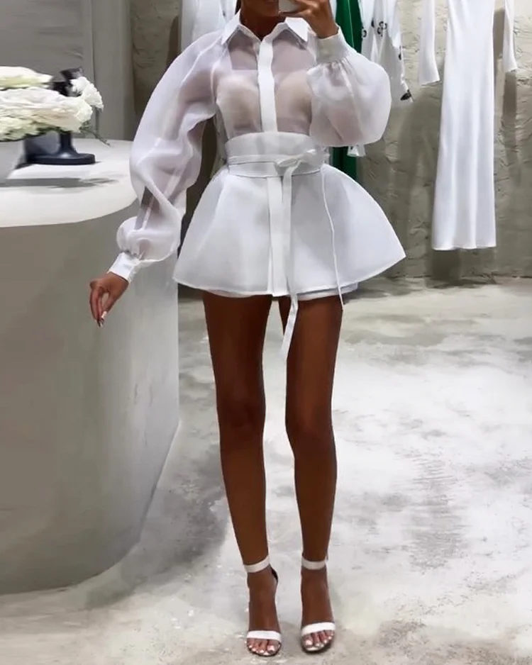 Lapel See-through Mesh Solid Color Mini Two-Piece Set