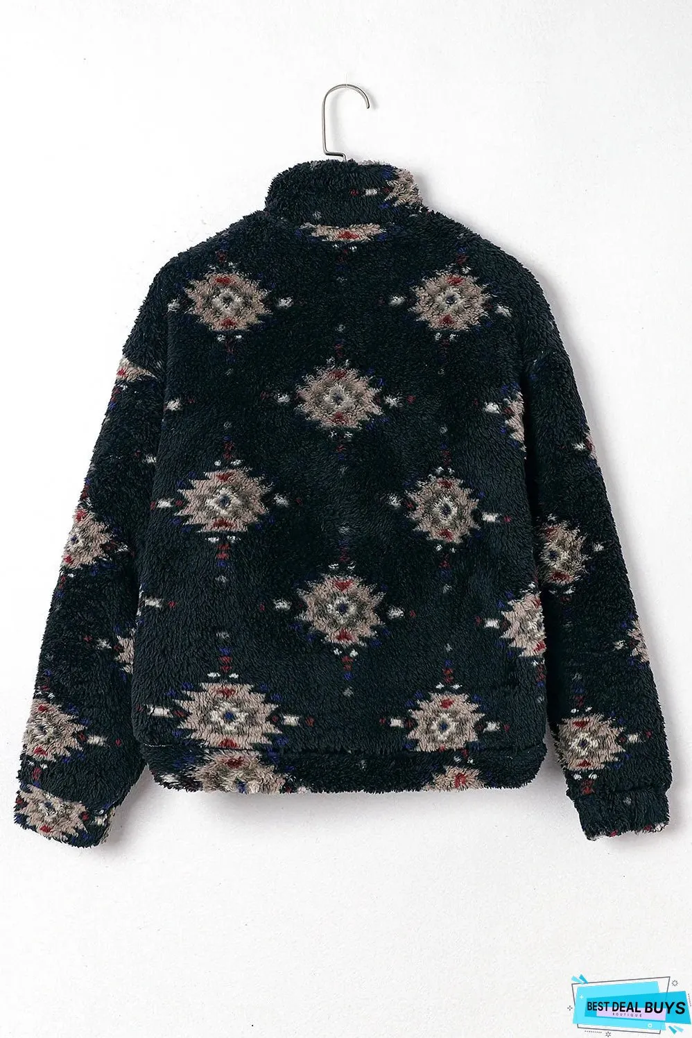 Black Aztec Pattern Zipper Collared Sherpa Jacket