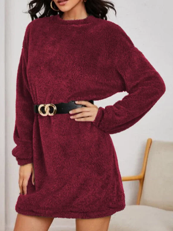 Women Scoop Neck Long Sleeve Solid Color  Knit  Sweater Dress
