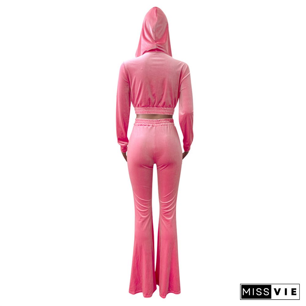 Velvet Solid Zipper Hooded Crop Tops Flare Pants Set