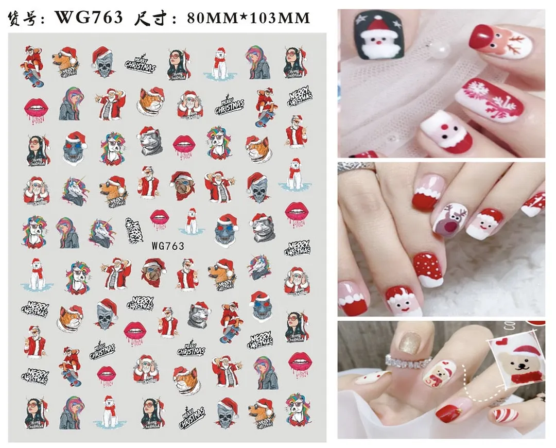 3D Christmas Nail Art Sticker For Kids Tattoo Manicure Accessories Snow Man Gift Tree Deers Santa Claus Slider Nail Decals Decor-Nail Inspo