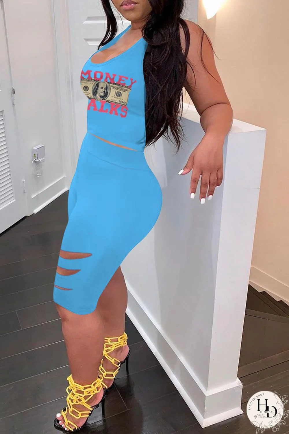 Black Casual Print Ripped U Neck Sleeveless Two Pieces