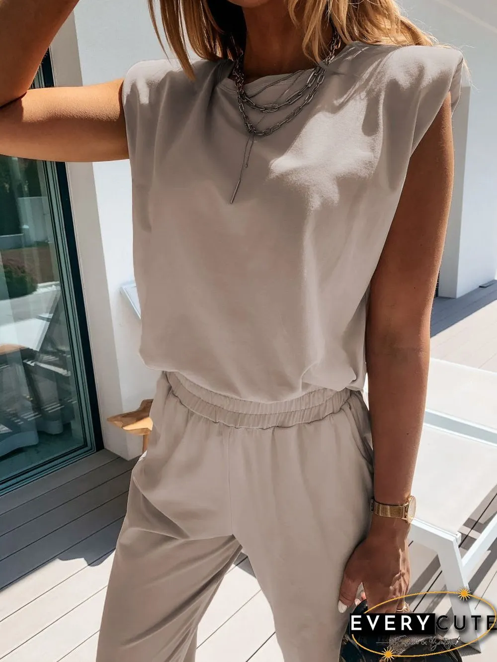 Women'S Sets Solid Sleeveless Padded Tank Top & Pants Two Piece Set