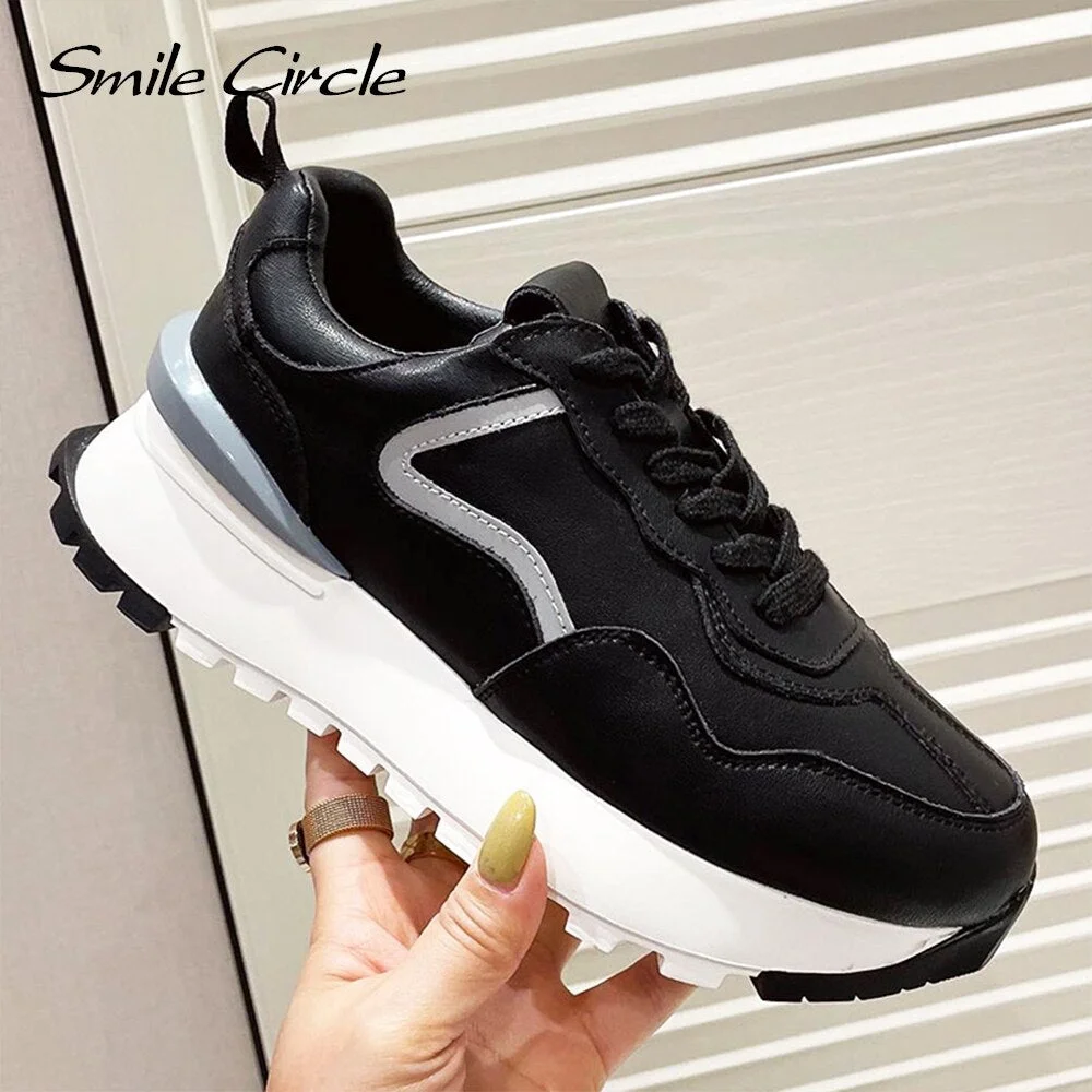 Smile Circle Chunky Platform Sneakers Women Flat Shoes Fashion Lace-up Comfortable Thick Bottom Casual Shoes for Women
