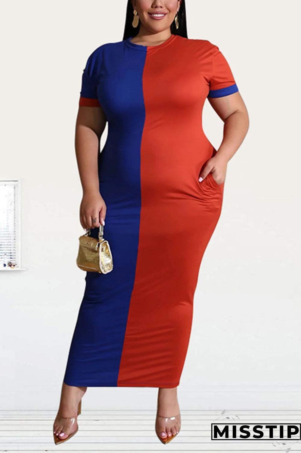 Blue Sexy Fashion Stitching Short Sleeve Plus Size Dress
