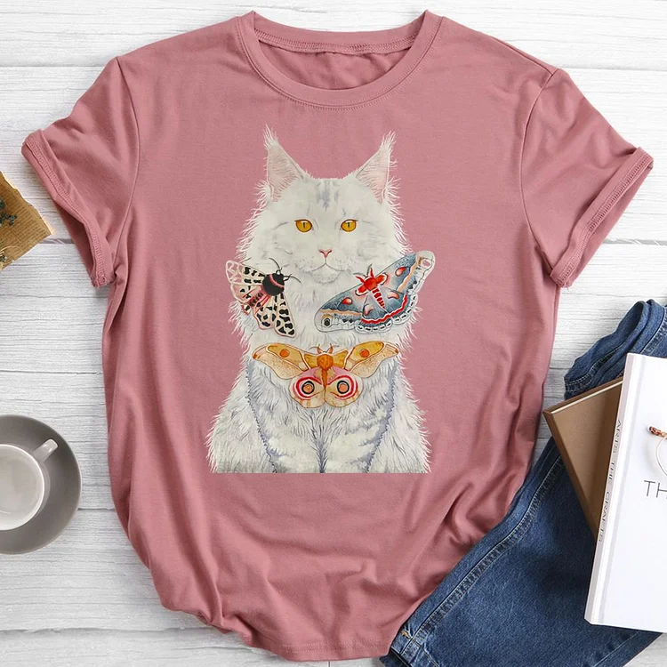 butterfly and cat Round Neck T-shirt-0024232