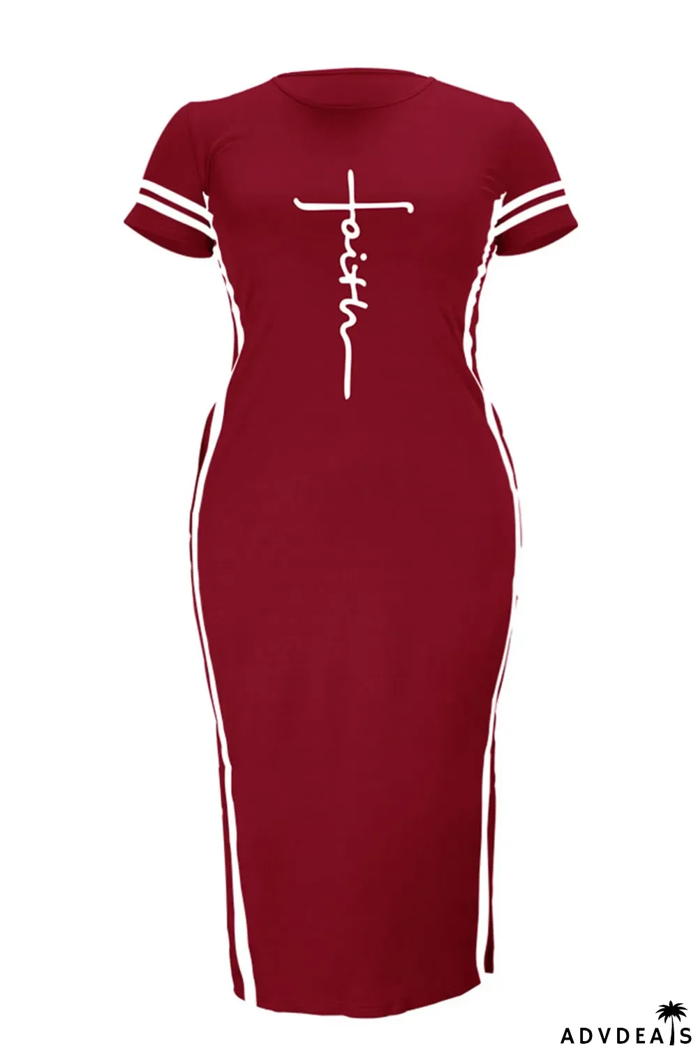 Tibetan Blue Fashion Casual Plus Size Print Slit O Neck Short Sleeve Dress