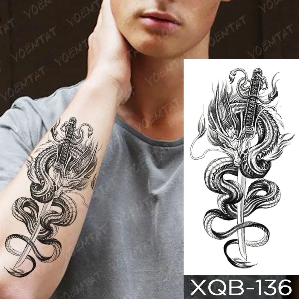 Waterproof Temporary Tattoo Sticker Dragon Sword Snake Flash Tattoos Rose Owl Wolf Body Art Arm Fake Sleeve Tatoo Women Men