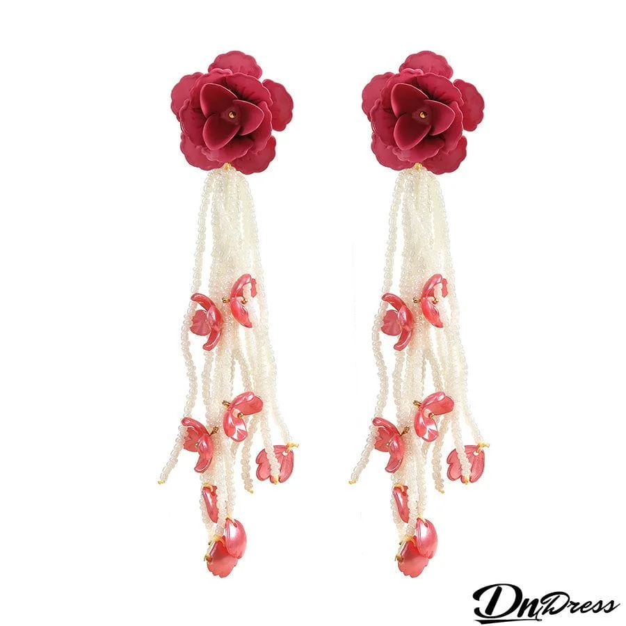 Alloy Lacquered Flower Rice Bead Tassel Earrings
