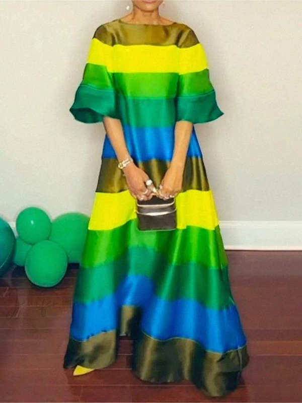 Colorful Wide Striped Round Collar Loose Maxi Dress