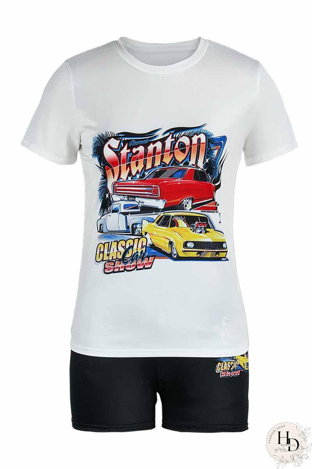 Colour Fashion Casual Print Basic O Neck Short Sleeve Two Pieces