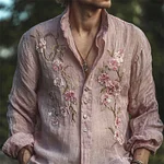 Men's Vintage Pink Cherry Blossom Embroidered Flowy Linen Shirt - Image 2