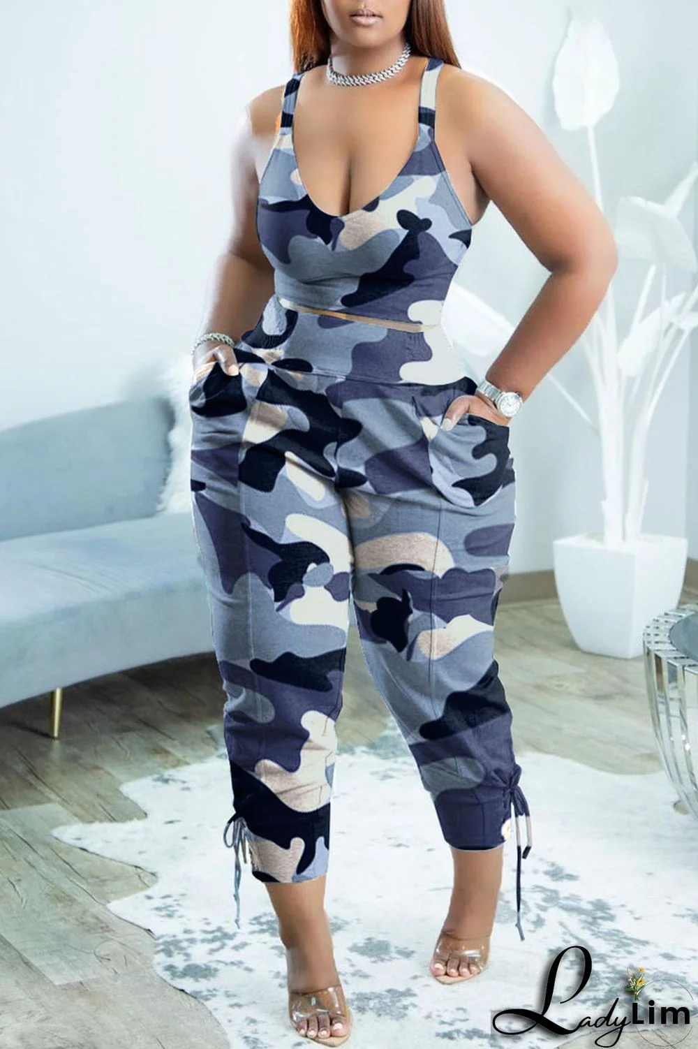Blue Sexy Print Split Joint U Neck Sleeveless Two Pieces