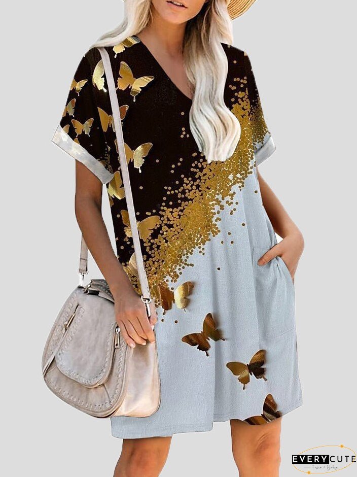 Dresses Printed V-Neck Pocket Short Sleeve Dress for Women