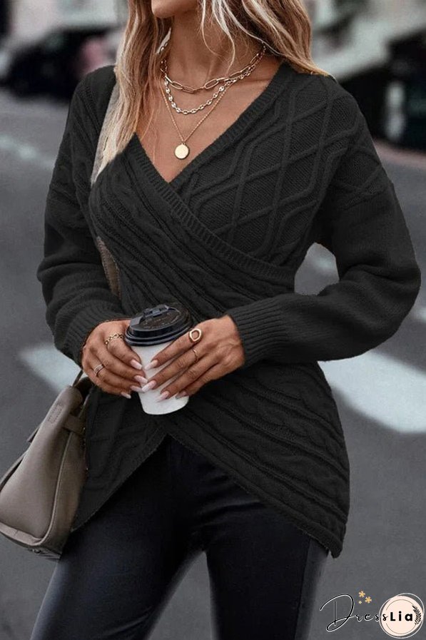 Solid Color V Neck Cross Jacquard Long Sleeved Sweater