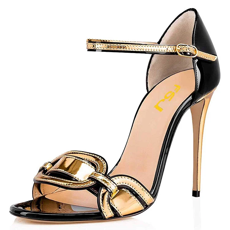Black and Gold Open Toe Stiletto Heel Ankle Strap Sandals |FSJ Shoes