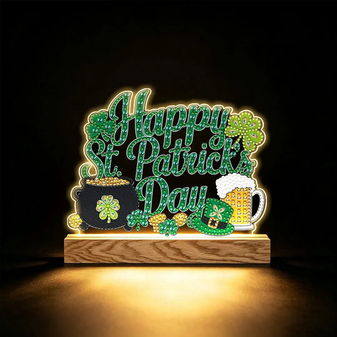 Saint Patrick DIY Acrylic Diamond Painting Night Light for Adults Beginner Diamond Art Table Lamp with Wooden Base for Woman Man Desk Bedroom Tabletop Decor