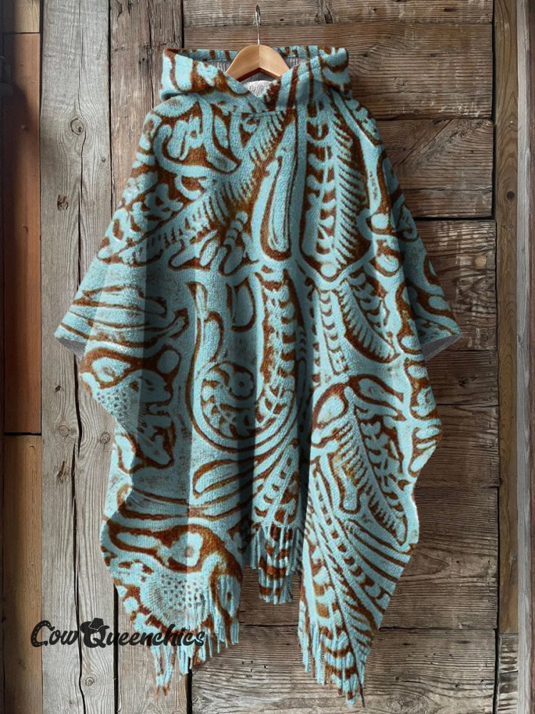 Women’s Classic Western Print Casual Knitted Blanket Poncho Hood Cape Multicolor / Onesize