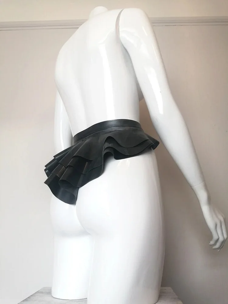 Women Three-Tier Latex Peplum Belt Popper Fastenings