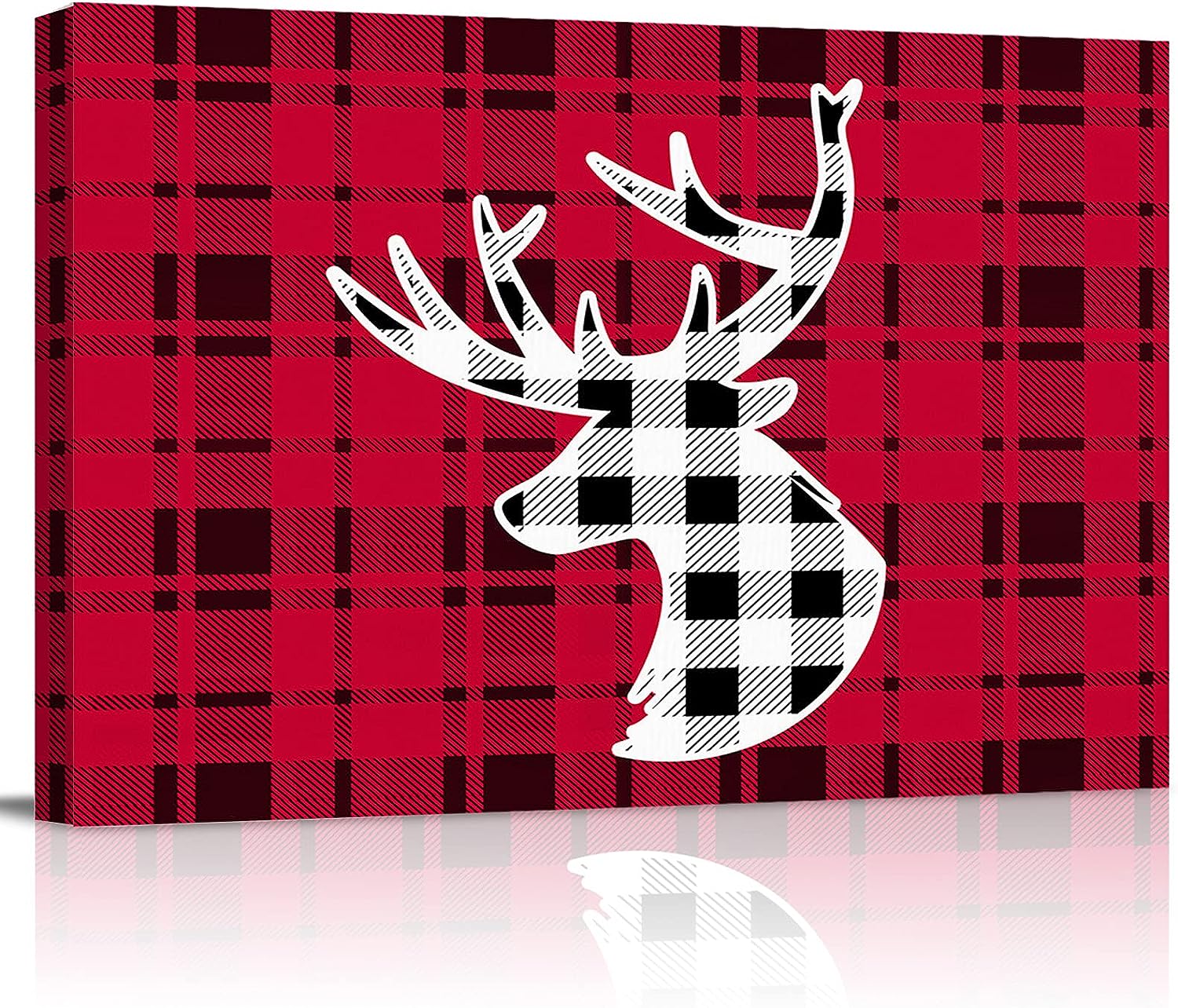 SSEVITEY Oil Painting Print on Canvas Framed Wall Art Christmas Farm Santa Elk Shadow Artwork Canvas Picture Prints for Bedroom Living Room Bathroom Decoration Vintage Rural Buffalo Checkered 16x20in