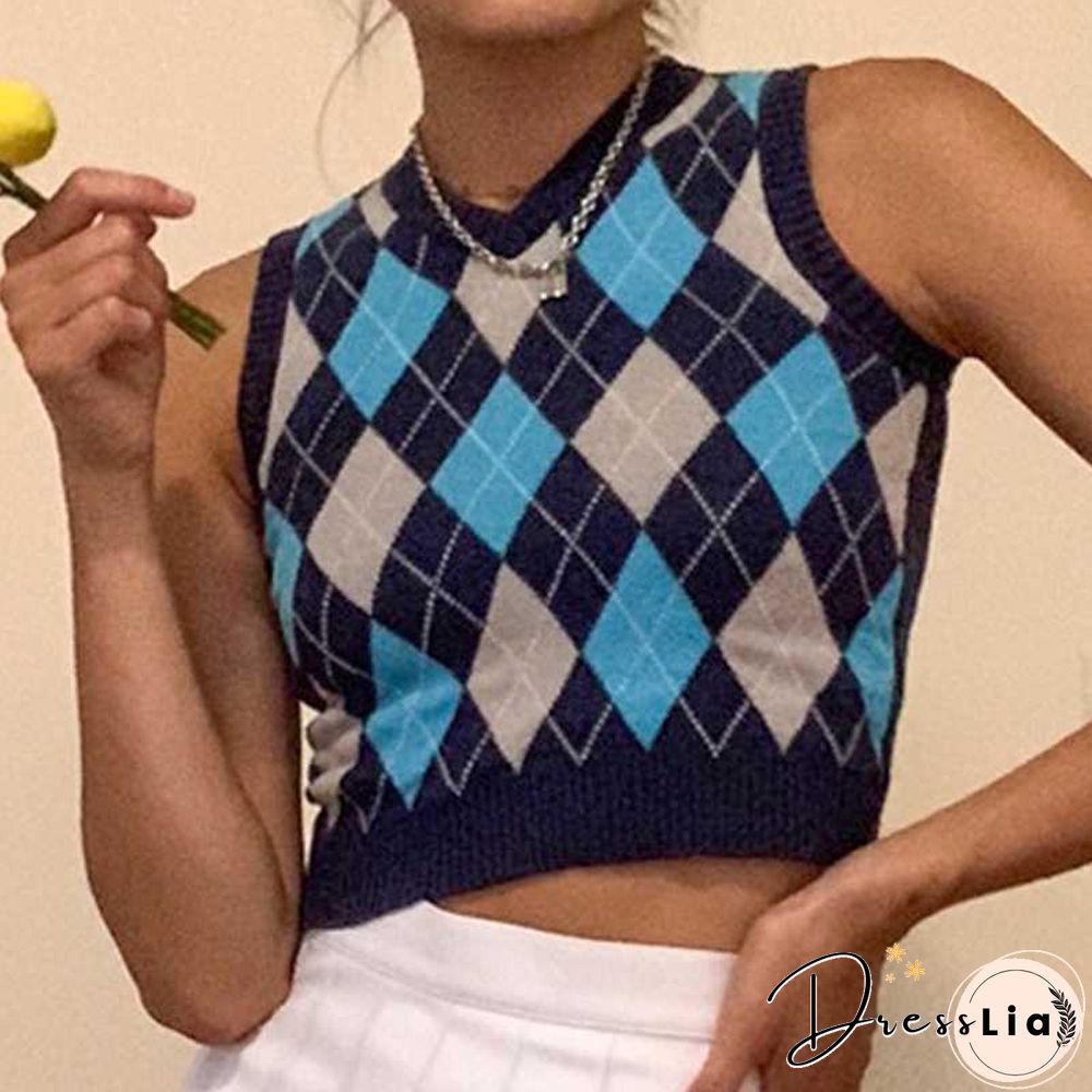Checkered Cropped Knitted Tank Argyle Sleeveless Jumper