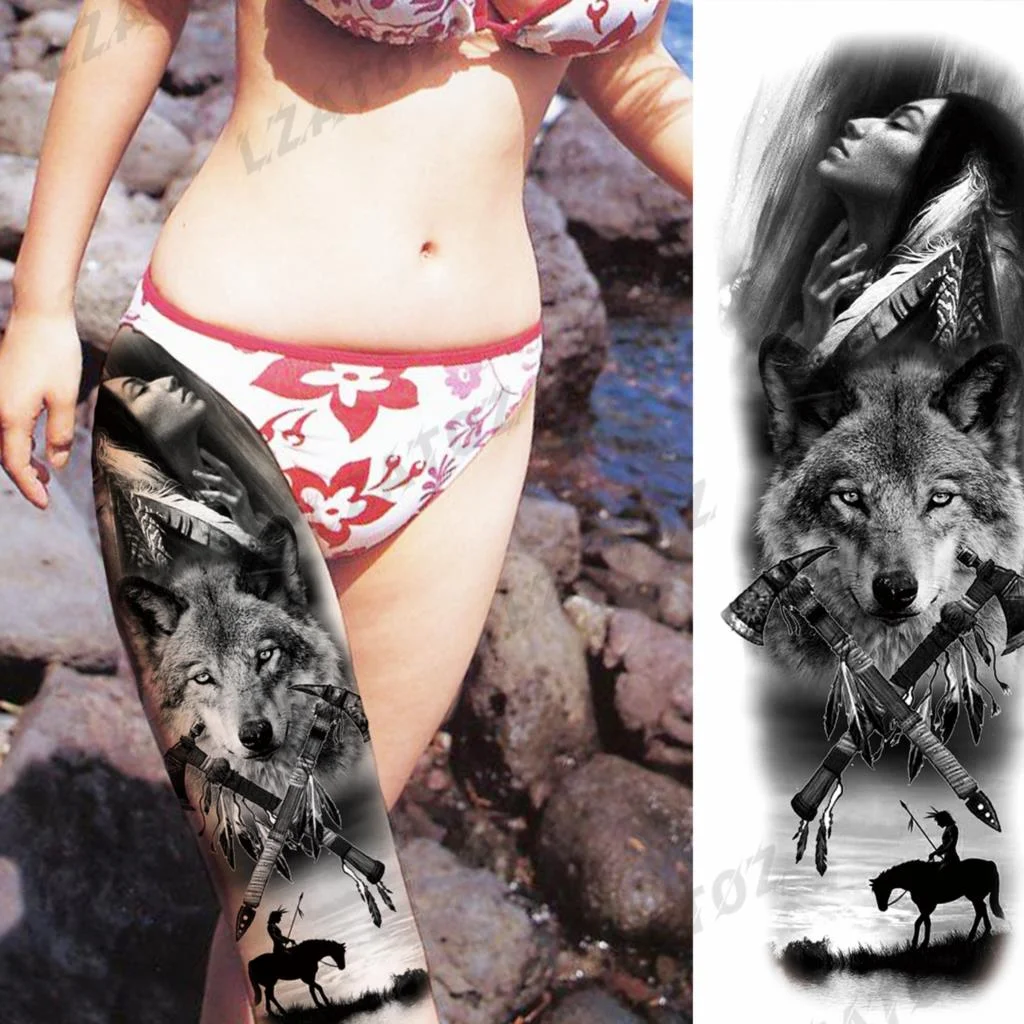 Sdrawing Sleeve Temporary Tattoos For Men Women Realistic Pirate Ship Wolf Tiger Skull Rose Flower Fake Tattoo Sticker Arm Tatoos