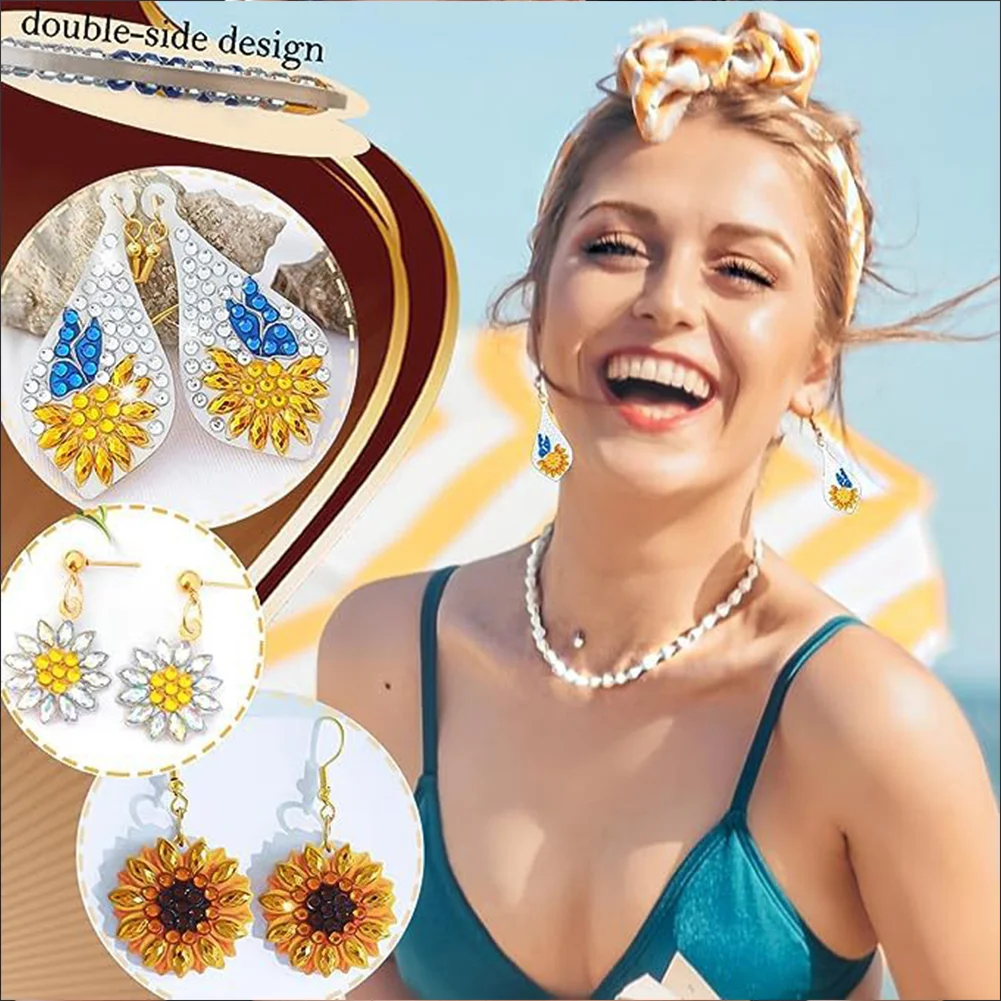3Pairs DIY Double Sided Sunflower Butterfly Diamond Painting DIY Earring Making Kit