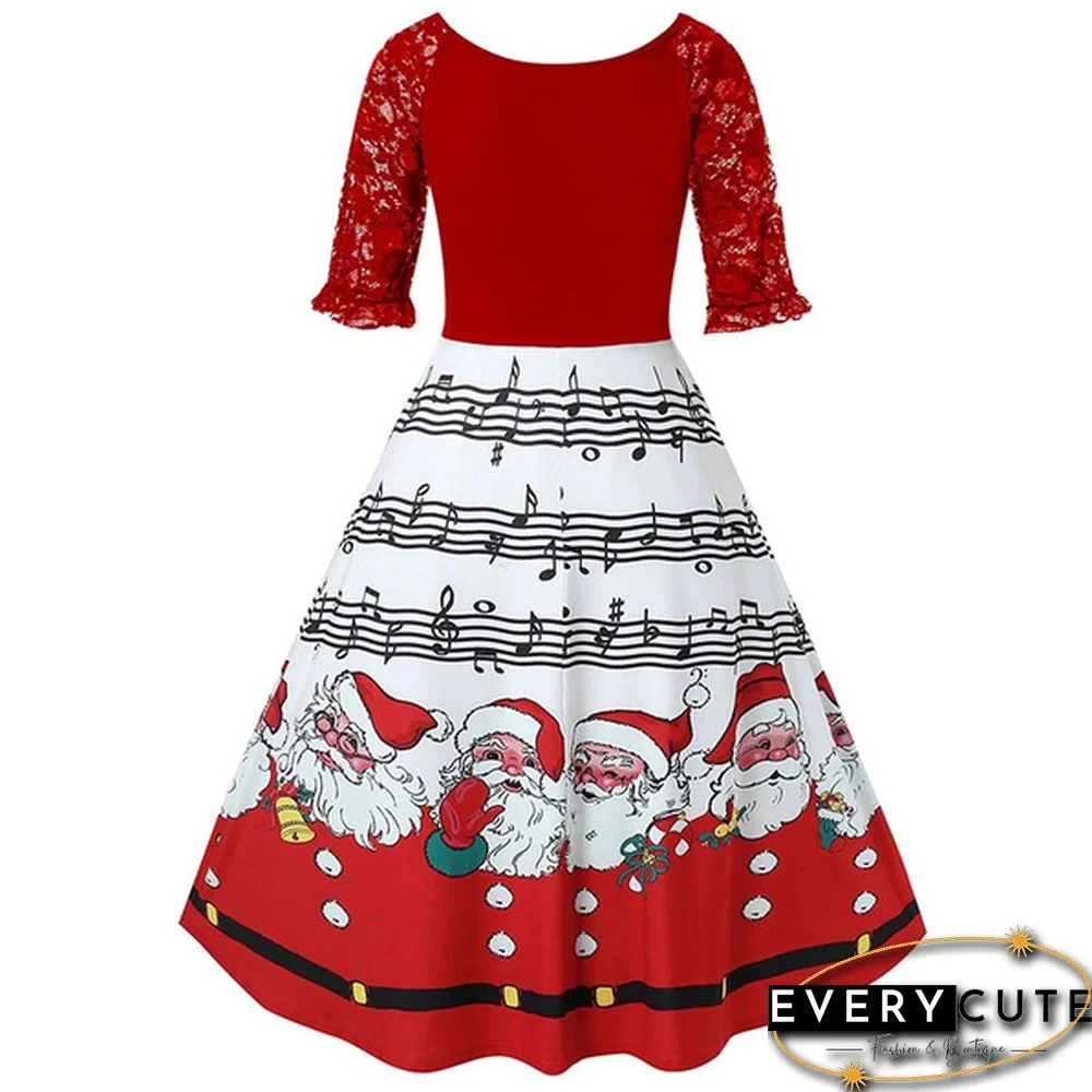 Christmas Party Dress Music Note Santa Print Lace Short Sleeve Dress Plus Size