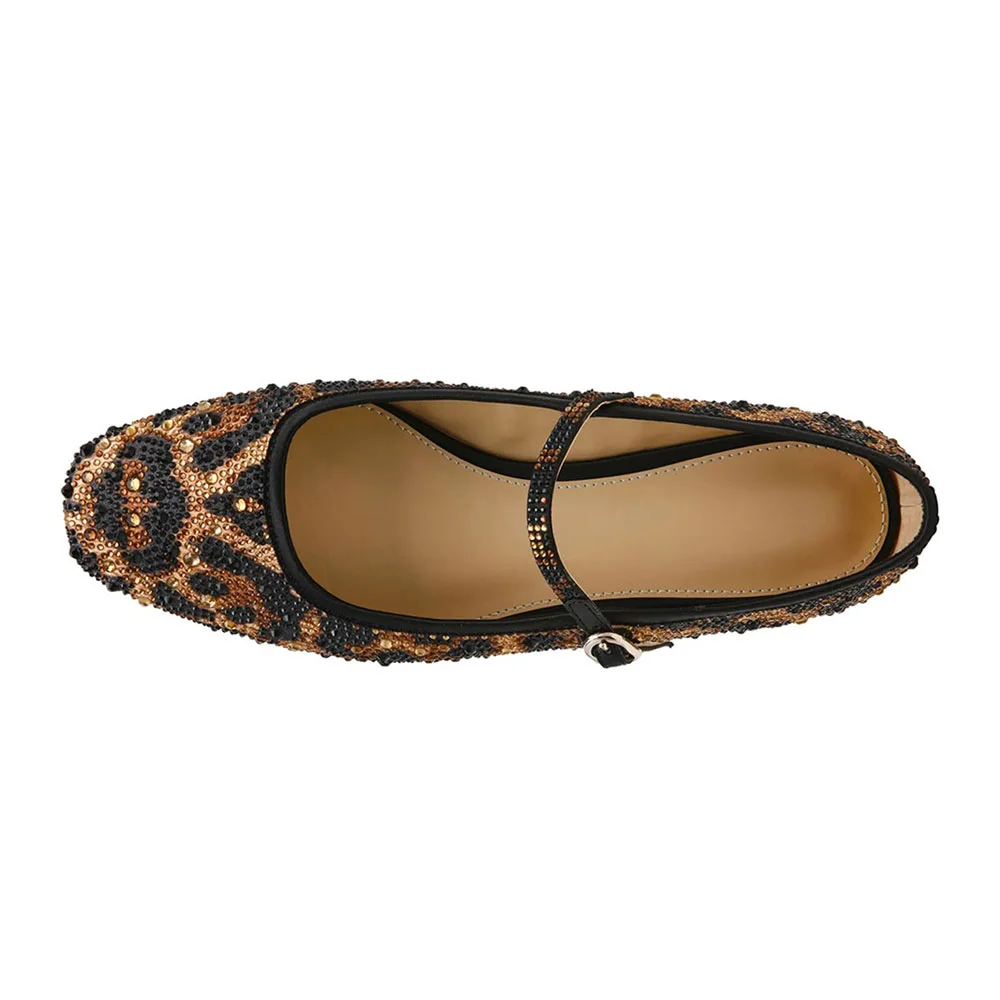 Brown & Black Round Toe Leopard Print Mary Jane Flats with Rhinestone