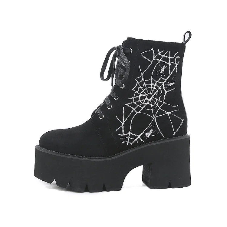 Embroidery Spider Net Platform Boots