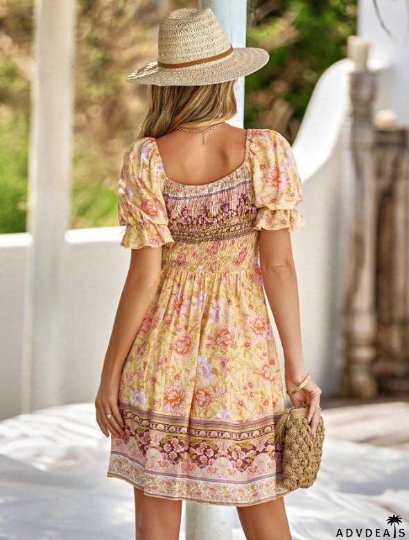 Boxy Patterned Warm-Season Bohemian Neckline Dress