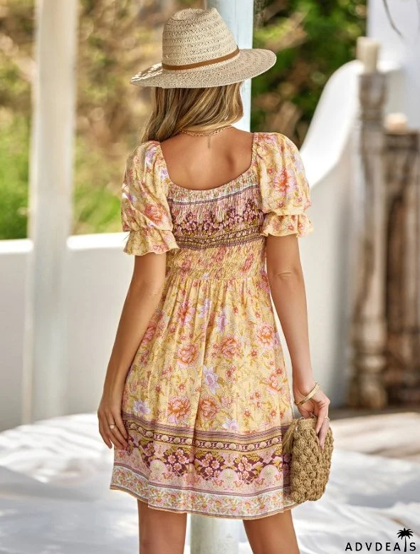 Boxy Patterned Warm-Season Bohemian Neckline Dress