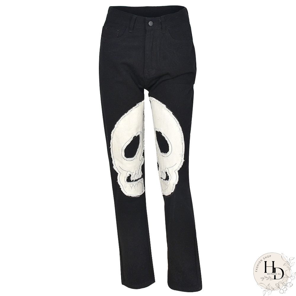 Back To School Outfit  Skeleton Patterned Low Waist Jeans Women Harajuku Streetwear Retro Fairycore Grunge Pants Cyber Y2K Black Denim Trousers