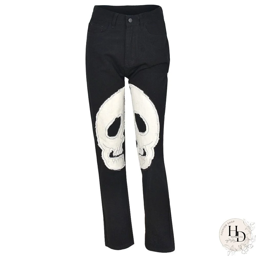 Back To School Outfit  Skeleton Patterned Low Waist Jeans Women Harajuku Streetwear Retro Fairycore Grunge Pants Cyber Y2K Black Denim Trousers