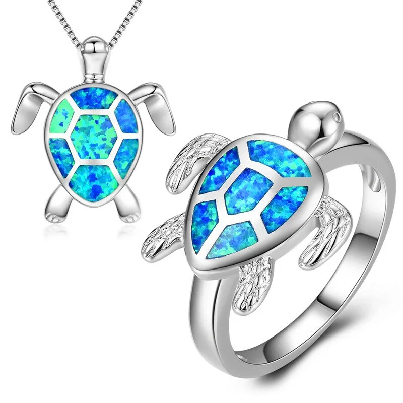 Luxury Female Wedding Ring Necklace Jewelry Set Boho Blue Fire Opal Turtle Ring Pendants Necklaces Jewelry Animal Sets For Women